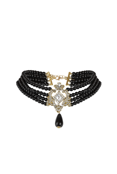 Чокер-колье с черными бусами и с центром из страз