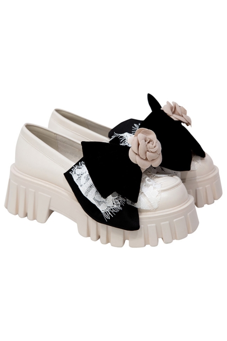 Лоферы "FW 23-24" бежевые, на платформе, эко-кожа, черный бант с розой