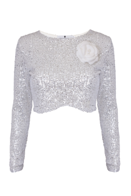 Топ - кроп "Хэйс" белый, серебристые пайетки, с рукавами