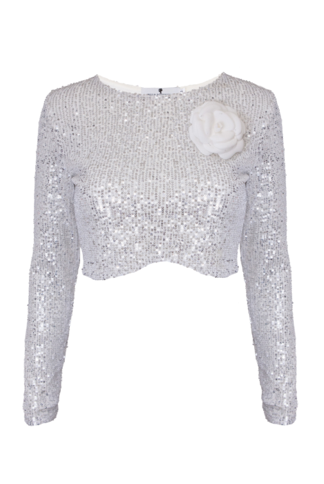 Топ - кроп "Хэйс" белый, серебристые пайетки, с рукавами