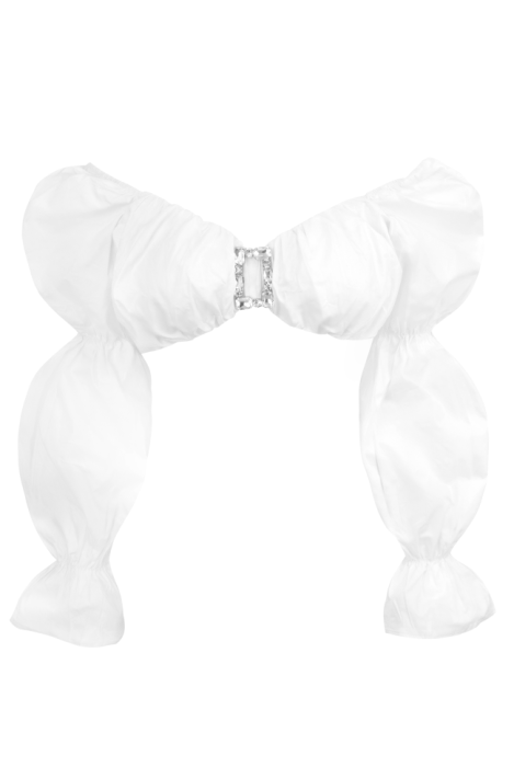 Топ - кроп "Рики" белый, хлопок, рукава фонарики, брошь со стеклярусом