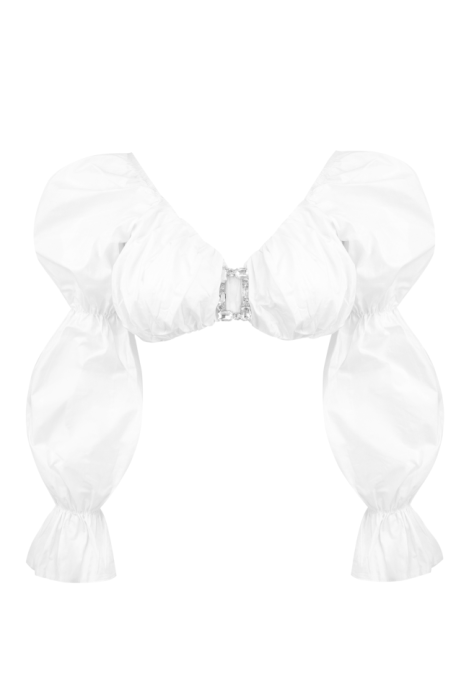 Топ - кроп "Рики" белый, хлопок, рукава фонарики, брошь со стеклярусом