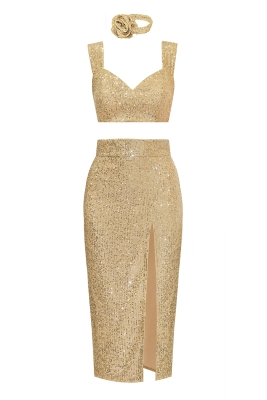 Костюм "Розмари" золотистый, пайетки + чокер роза