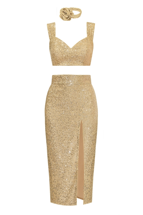 Костюм "Розмари" золотистый, пайетки + чокер роза