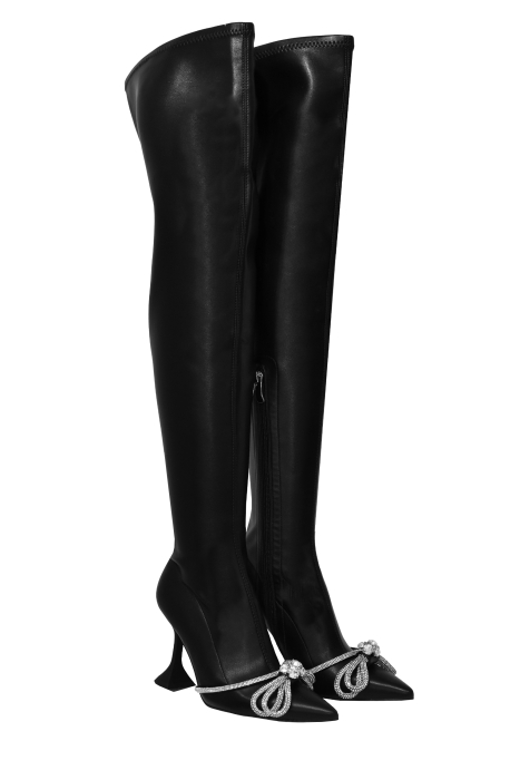 Сапоги - ботфорты черные, каблук рюмочка, бант со стразами