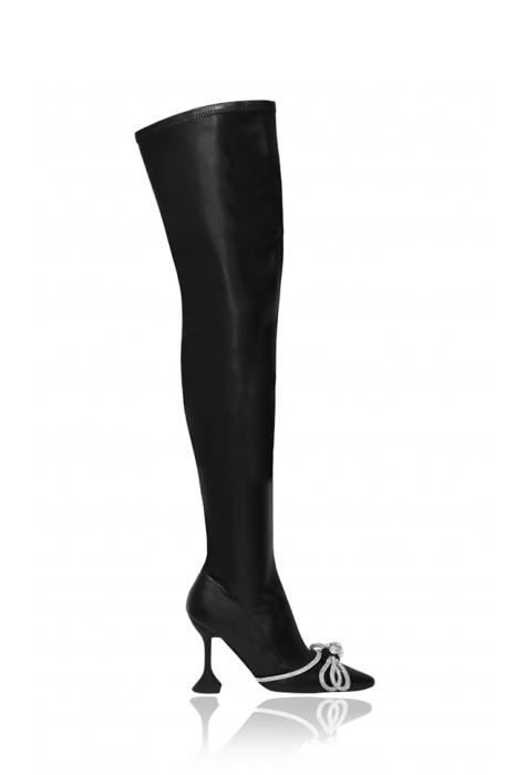 Сапоги - ботфорты черные, каблук рюмочка, бант со стразами