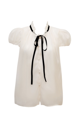 Блуза "Мерсия" светло-бежевая, фатин с кружевом, черная лента - бант