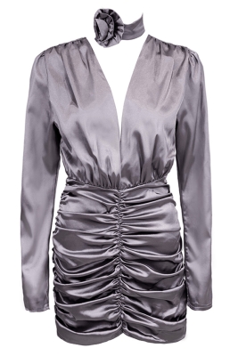 Платье "Минди" серое (графит), подол в сборку, мини + чокер