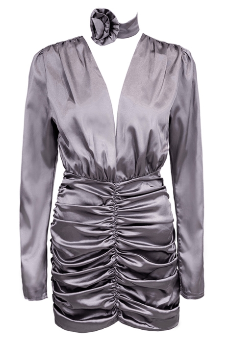 Платье "Минди" серое (графит), подол в сборку, мини + чокер