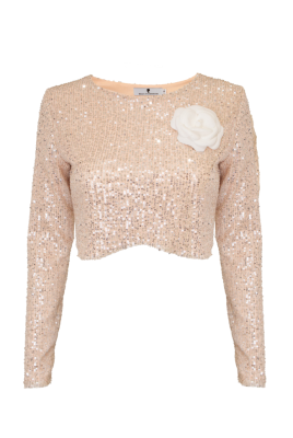 Топ - кроп "Хэйс" бежевый, серебристые пайетки, с рукавами