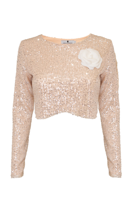 Топ - кроп "Хэйс" бежевый, серебристые пайетки, с рукавами