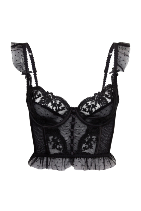 Топ - кроп - корсет "Даррил" черный, фатин в точку с кружевом и пуговицами