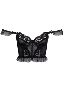 Топ - кроп - корсет "Даррил" черный, фатин в точку с кружевом и пуговицами