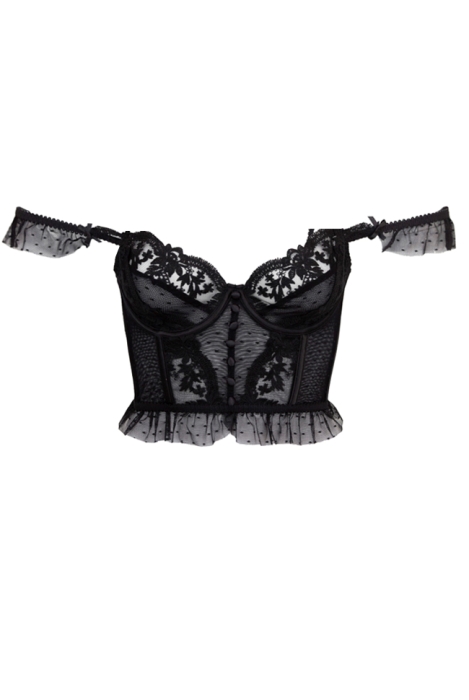 Топ - кроп - корсет "Даррил" черный, фатин в точку с кружевом и пуговицами