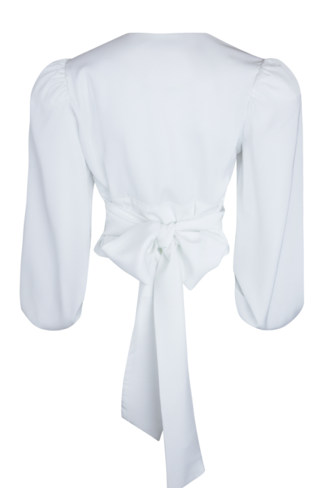 Блуза - кроп - топ "Энрика" белая, атлас (шелк), завязки бант по талии