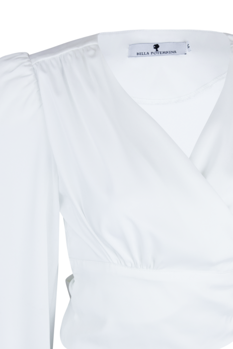 Блуза - кроп - топ "Энрика" белая, атлас (шелк), завязки бант по талии