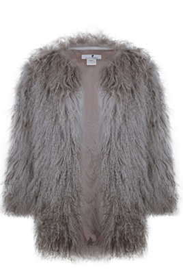 Шуба "Лорель" темно - бежевая, мех лама (натуральный), миди, 90 см