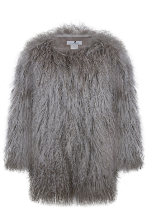 Шуба "Лорель" темно - бежевая, мех лама (натуральный), миди, 90 см