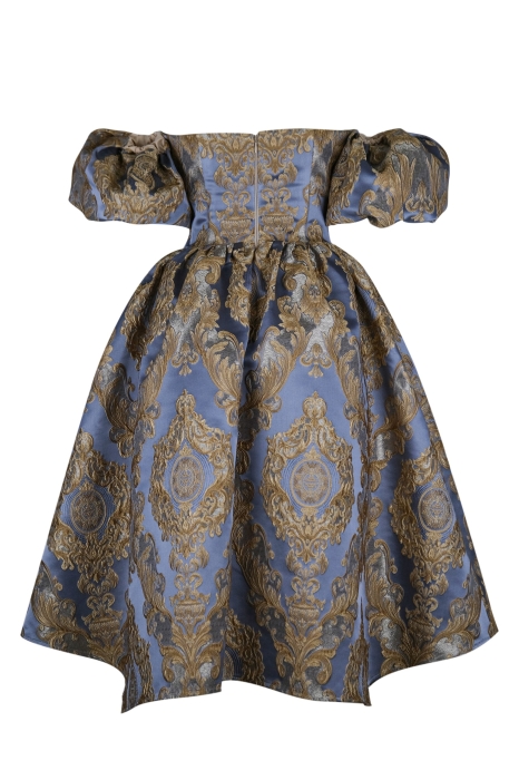 Платье "Версаль" сине - золотистое, атлас, вышивка, вензеля, миди