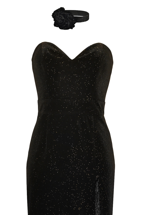 Платье "Рашель" черное, бархат с напылением, миди + чокер "роза"