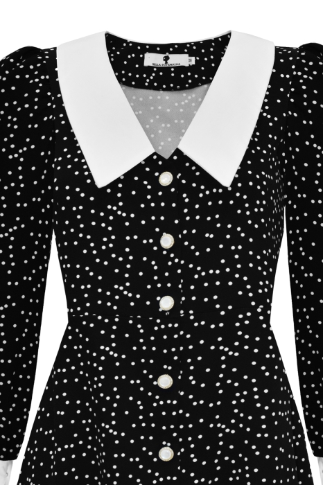 Платье "Элайна" черное, белый горох, воротник и манжеты, на завязках по спинке