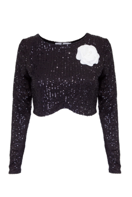 Топ - кроп "Хэйс" черный, черные пайетки, с рукавами + брошь "камелия" белая с напылением