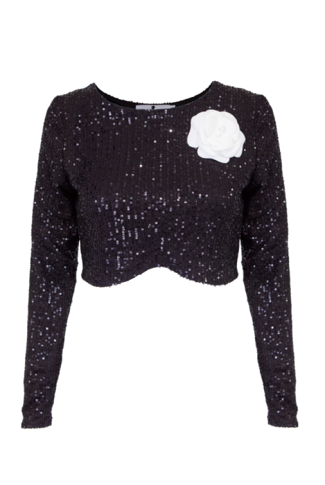 Топ - кроп "Хэйс" черный, черные пайетки, с рукавами + брошь "камелия" белая с напылением
