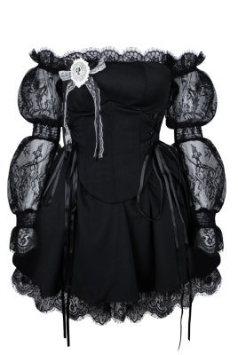 Платье "Лианн", мини, чёрное, корсет, кружевные рукава, пышное