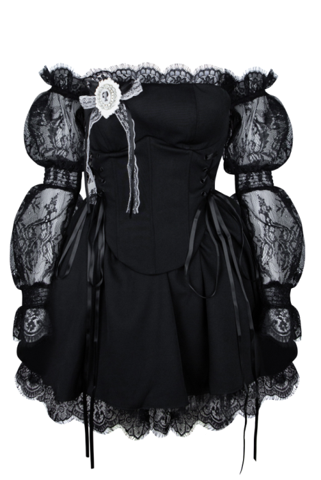 Платье "Лианн", мини, чёрное, корсет, кружевные рукава, пышное