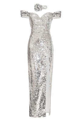 Платье "Кэтлин" серебристое, пайетки, макси + чокер роза