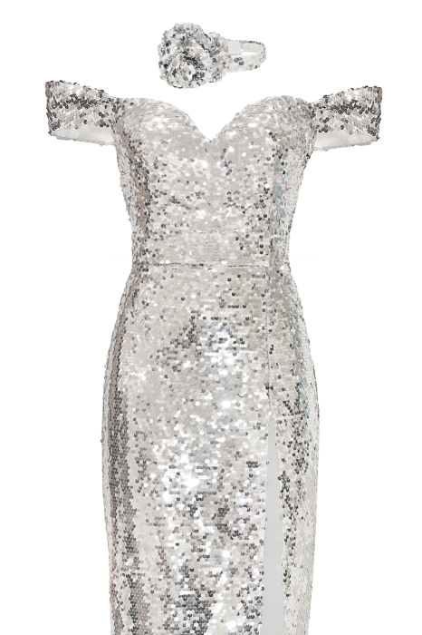 Платье "Кэтлин" серебристое, пайетки, макси + чокер роза
