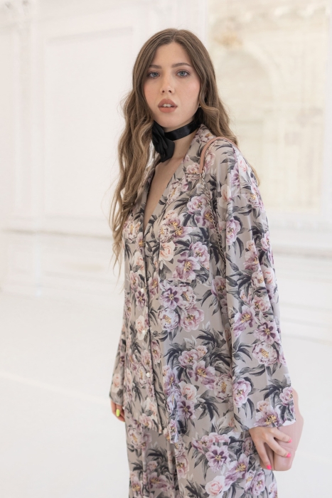 Костюм - пижама "Пальм" нюдовый, шелк, принт "Розы"