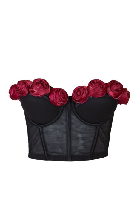 Топ-корсет "Жозе" черный, алые, красные розы