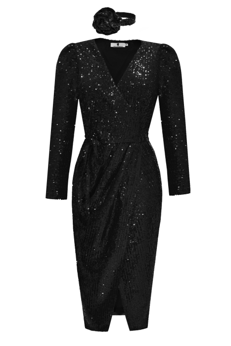 Платье "Голди" черное, пайетки, миди + чокер роза