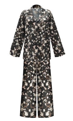 Костюм - пижама "Пальм" темно-синий, шелк, принт "Розы"