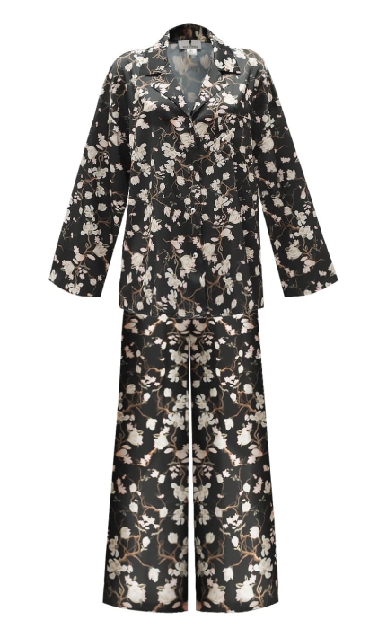 Костюм - пижама "Пальм" темно-синий, шелк, принт "Розы"