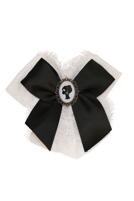 Брошь "ЛОГО" черная лента, белое кружево