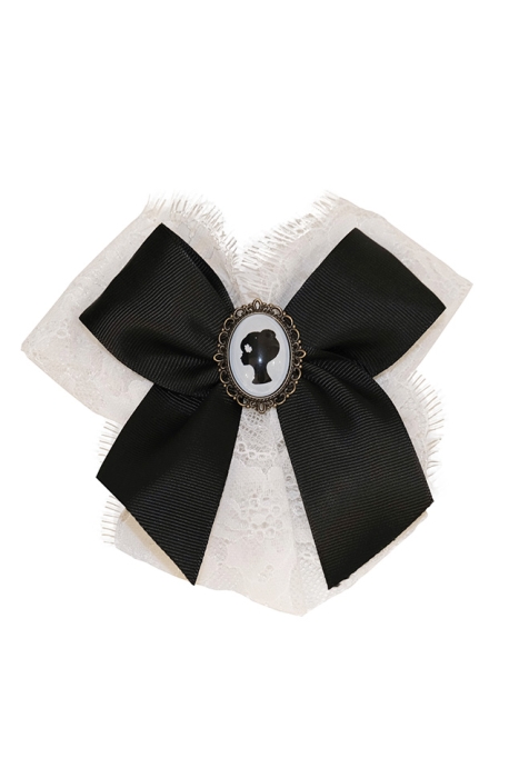 Брошь "ЛОГО" черная лента, белое кружево