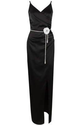 Платье "Одайл", макси, чёрное, на брителях, щёлковое, по фигуре, на запах с разрезом