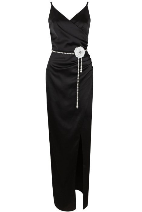 Платье "Одайл", макси, чёрное, на брителях, щёлковое, по фигуре, на запах с разрезом