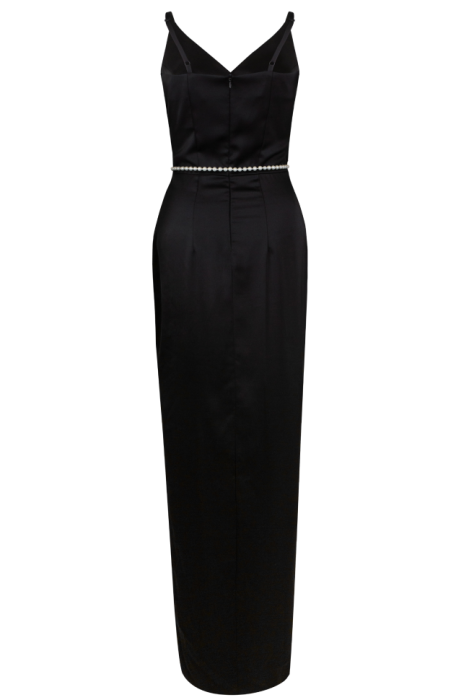 Платье "Одайл", макси, чёрное, на брителях, щёлковое, по фигуре, на запах с разрезом