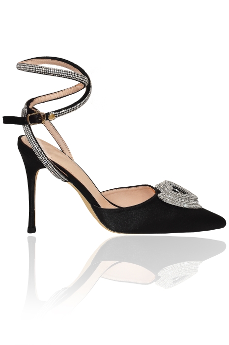 Туфли брошь "сердце" из страз, черные, атласные