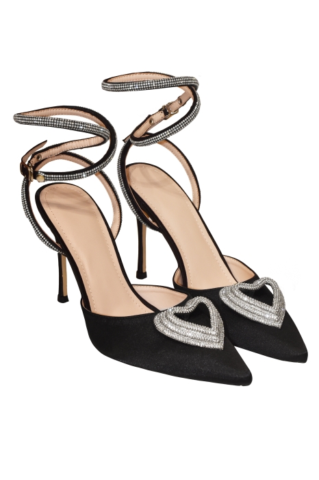 Туфли брошь "сердце" из страз, черные, атласные