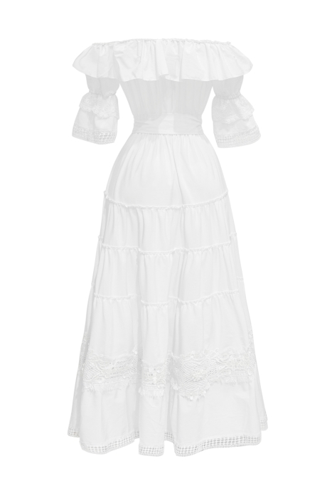 Платье "Бэллэйр" белое, хлопок, с воланами и кружевом, макси