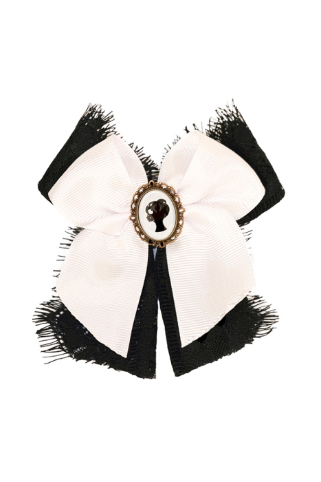 Брошь "ЛОГО" белая лента, черное кружево