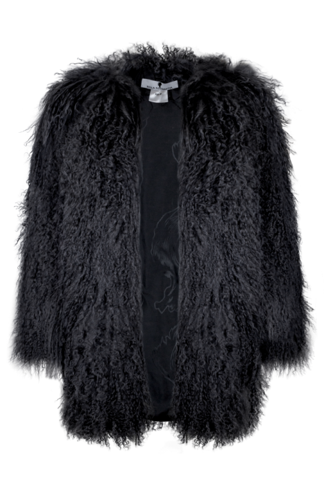 Шуба "Лорель" черная, мех лама (натуральный), миди 90 см