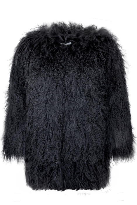 Шуба "Лорель" черная, мех лама (натуральный), миди 90 см