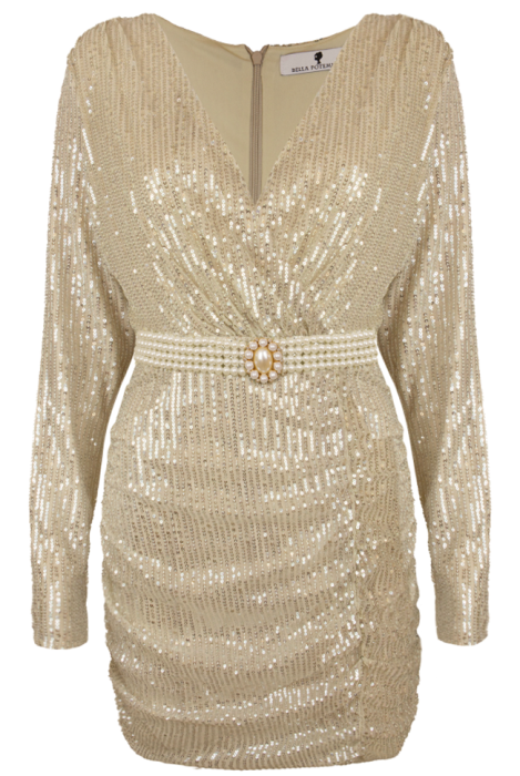 Платье "Сисиль", мини, золотистое, на запах + пояс из жемчуга
