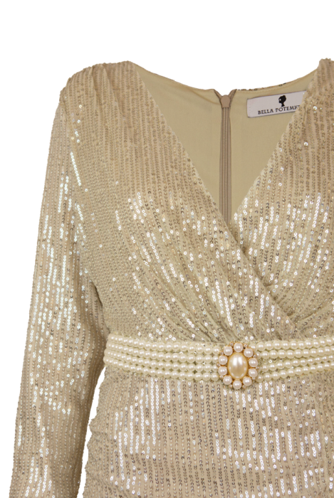 Платье "Сисиль", мини, золотистое, на запах + пояс из жемчуга