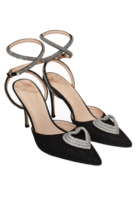 Туфли брошь "сердце" из страз, черные, глиттер